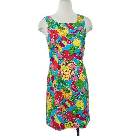 Lilly Pulitzer Fruit Print Vintage Sheath Mini Dress Sleeveless Light Blue Sz 8 - Picture 1 of 9